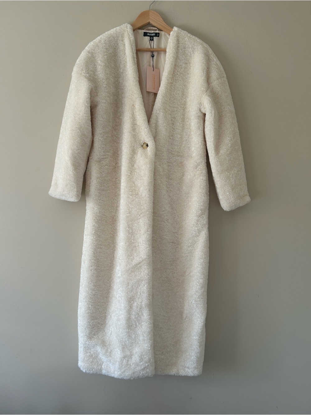 Missguided Cream Borg Faux Fur Teddy Coat Size 4 Single Button Duster